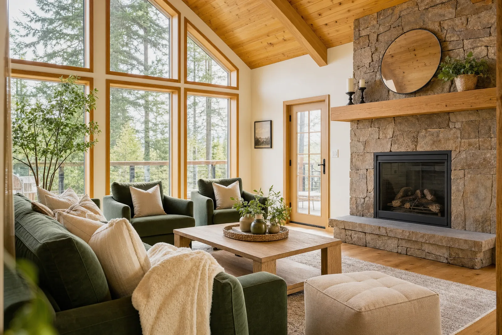 Bright, freshly cleaned vacation rental living room with warm natural light